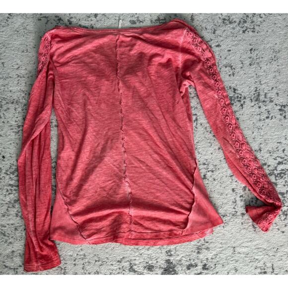 Free People Shell Stitch Henley Top Coral/Peach/Pink Long Sleeve Large - Picture 2 of 3